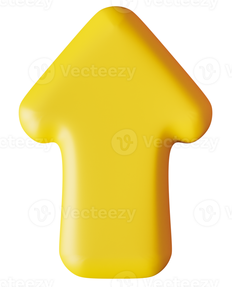 Yellow arrow in a three-dimensional style, isolated against clean transparent background, ideal for design and navigation purposes. 3D png