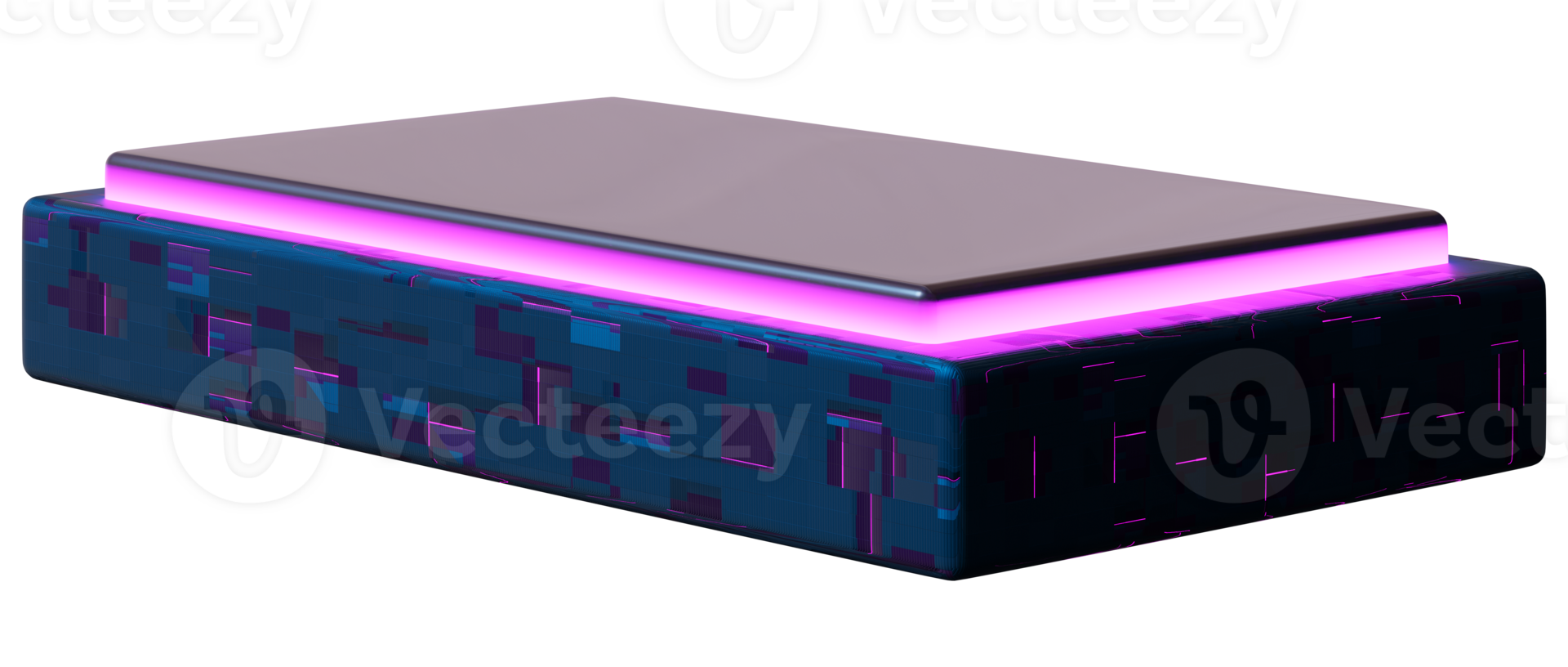 This podium features a contemporary design ideal for displaying products. Its three-dimensional structure includes a striking illuminated edge, positioned on transparent background png