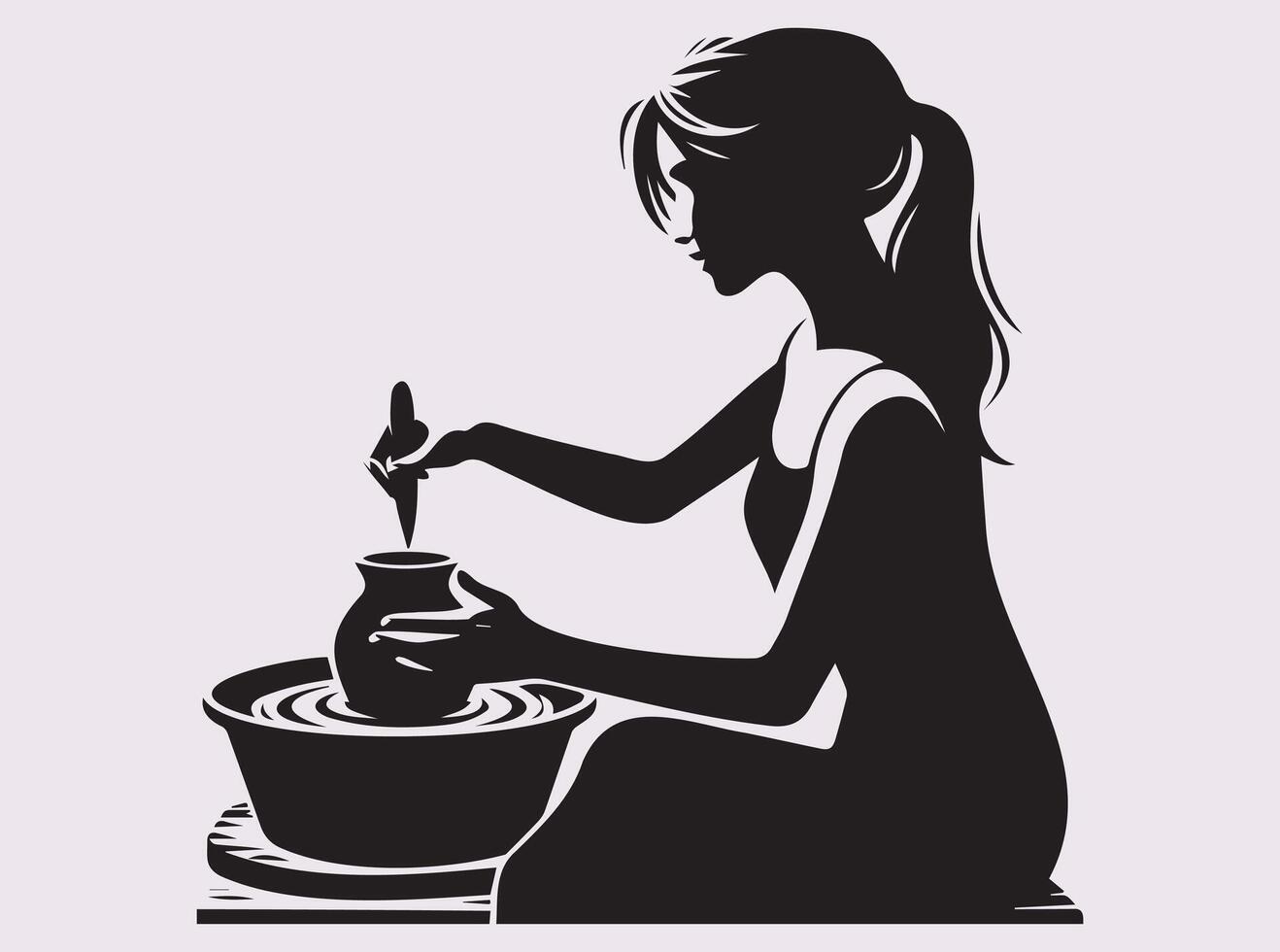 Black Silhouette of a Female Potter Creating Pottery on a Wheel - Artistic Ceramic Crafting vector