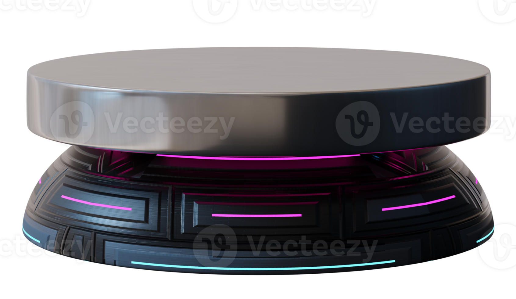 This podium stands out with a sleek, modern design, showcasing an elevated display surface and a striking base adorned with colorful lights, perfect for showcasing products effectively png