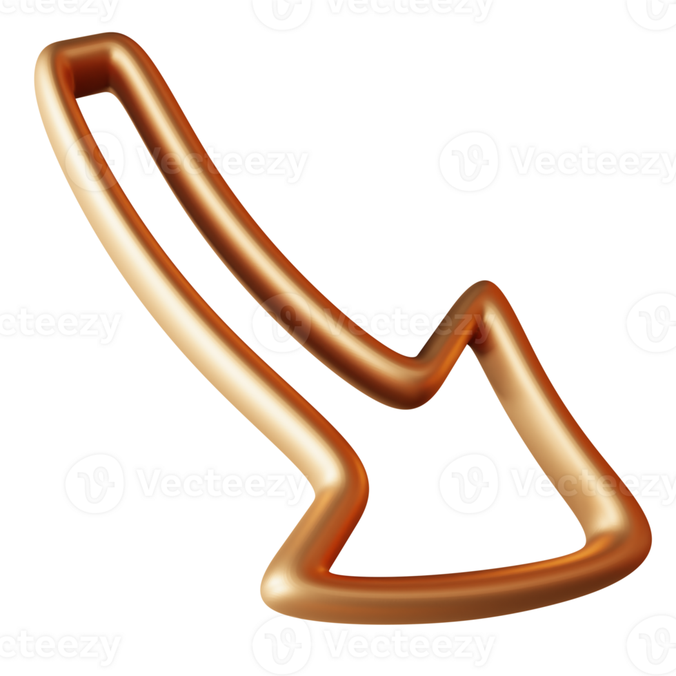 Golden arrow designed in three-dimensional form. Polished appearance against transparent backdrop. 3D png