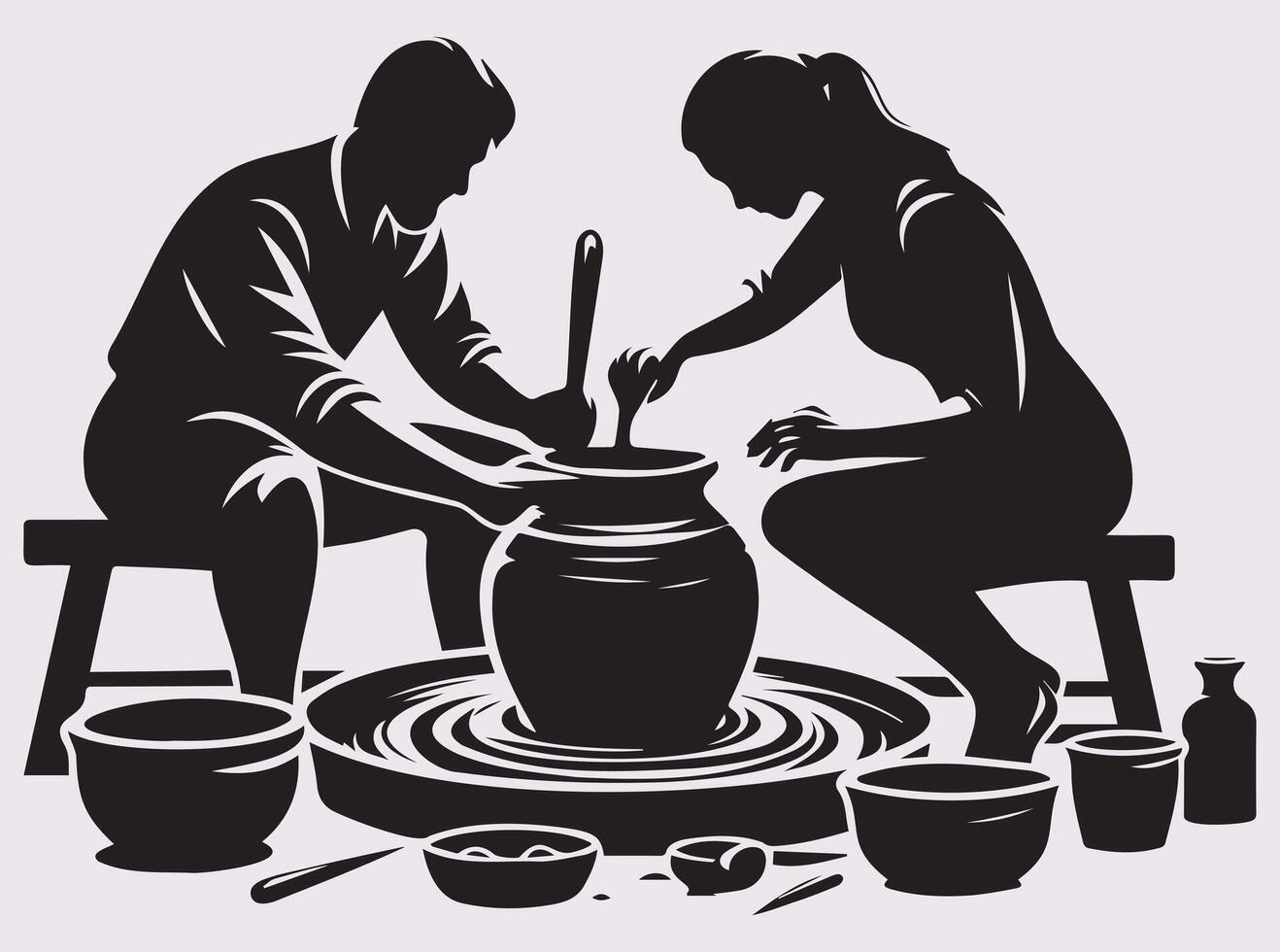 Black Silhouette of a Male and Female Potter Crafting Clay Pottery on a Wheel vector