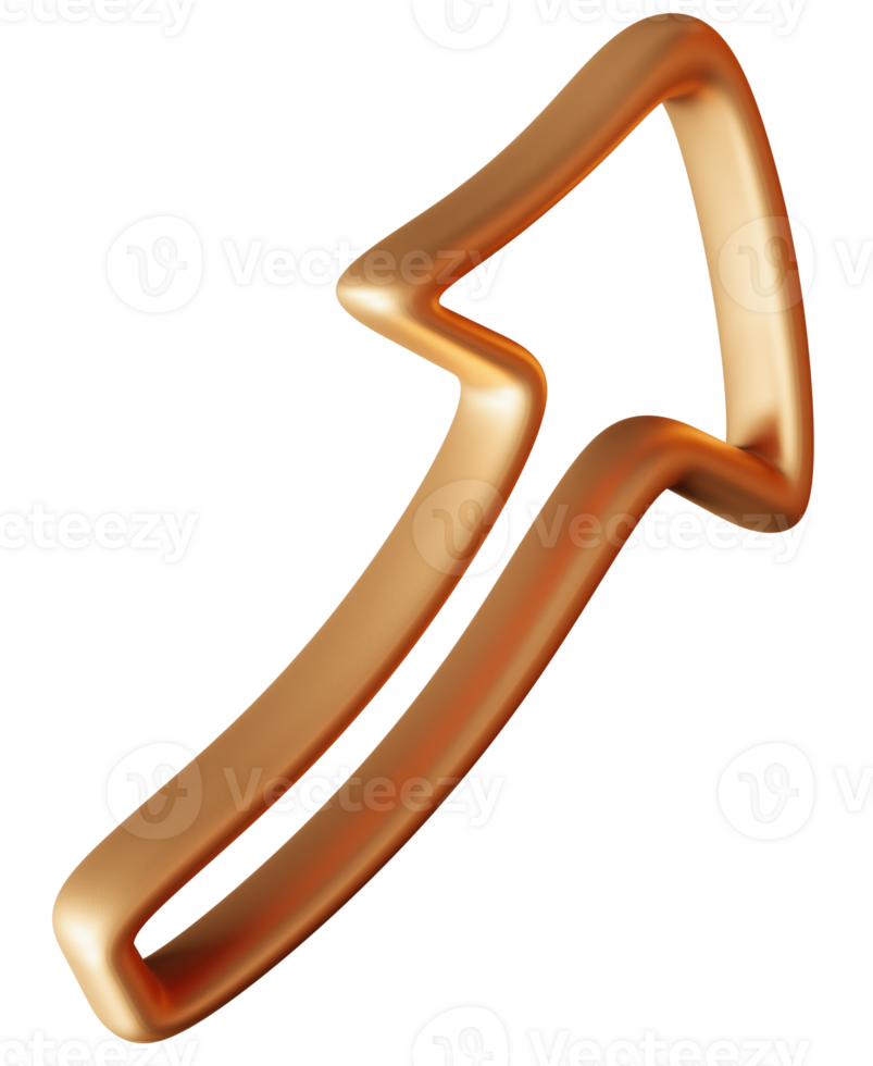 Golden arrow designed in three-dimensional form. Polished appearance against transparent backdrop. 3D render png