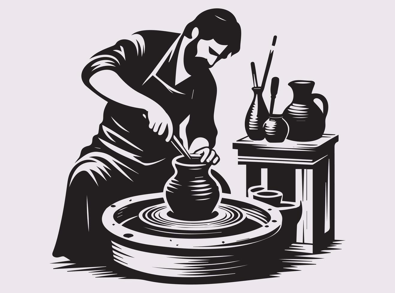 Skilled Potter Working with Clay on a Wheel Black Silhouette Art for Creativity vector