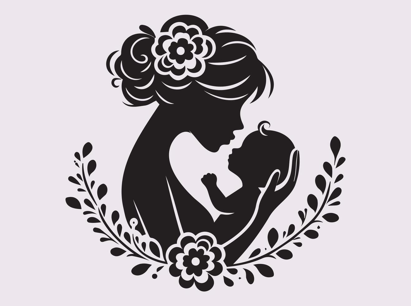 Black Silhouette of Mother Sharing a Kiss with Her Baby, Happy Mothers Day Mom and child with floral wreath-04 vector
