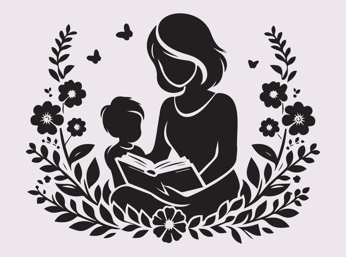 Charming Silhouette of Motherhood with a Book and Blossoms in Black Style vector
