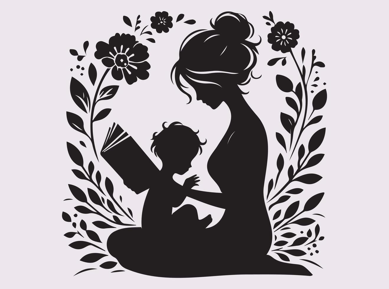 Happy Mother's day, Mother and Child Embracing Literature in a Stylish Black Silhouette Design vector