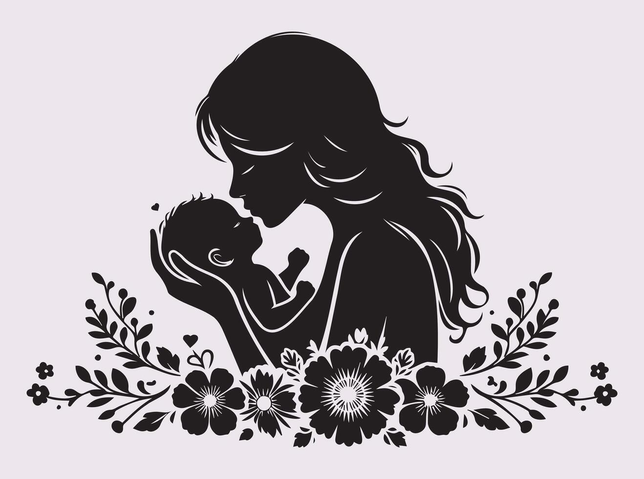 Mom and child with floral wreath, Warm Embrace and Kiss Between Mom and Baby in Black Silhouette vector