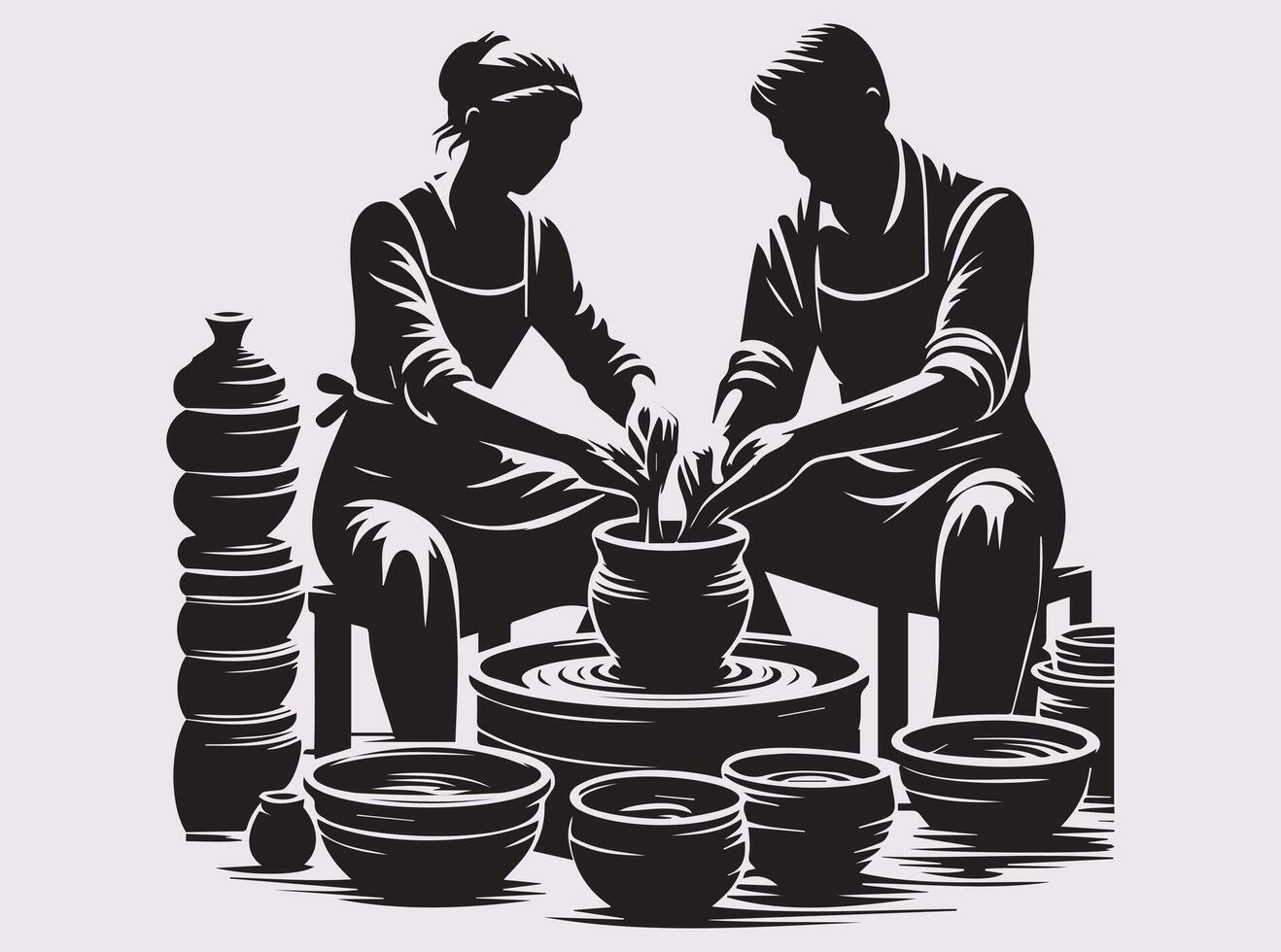 Silhouette of a Couple Crafting Handmade Clay Pottery on a Wheel vector
