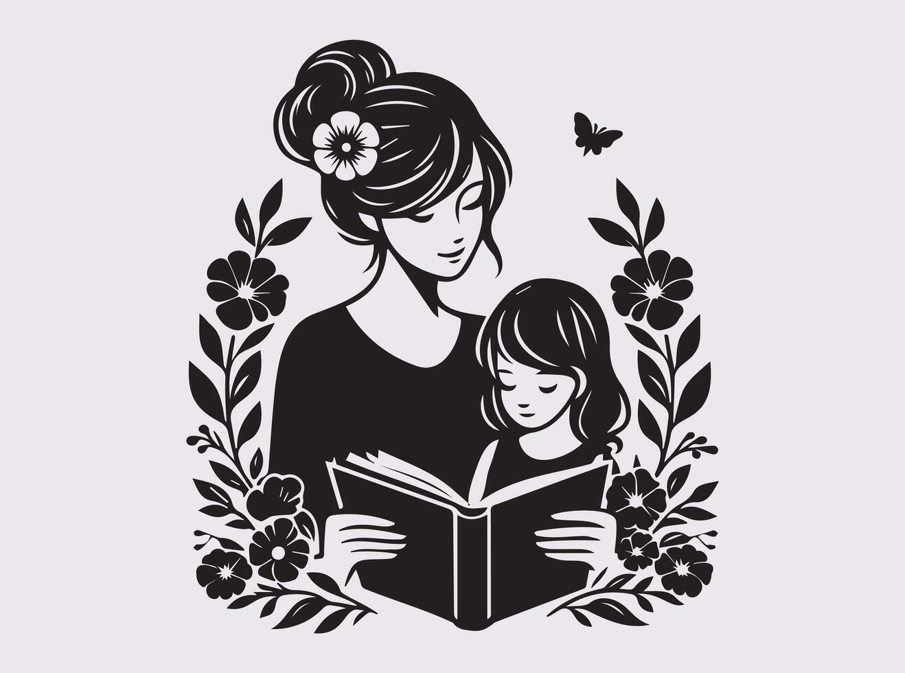 Happy Mother's day, Black Silhouette of Parent and Child Bonding Over a Story Surrounded by Nature vector