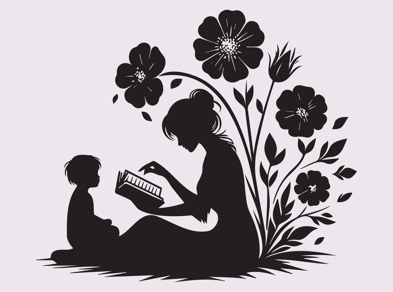 Storytime Bond Between Mother and Daughter in Black Silhouette Illustration vector