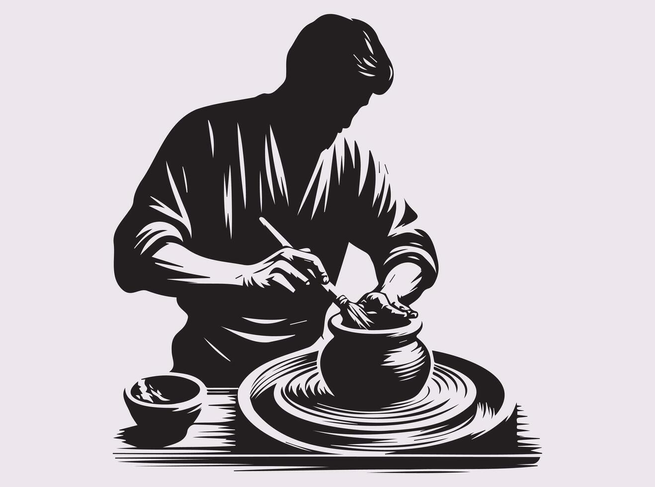 Black Silhouette of a Potter Crafting Clay Pottery on a Wheel vector