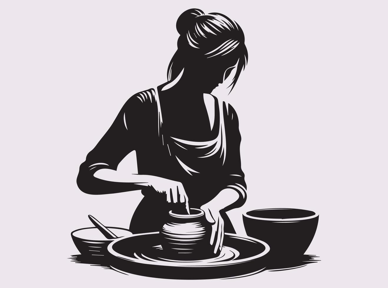 Female Potter Silhouette Concentrating on Clay Pottery Creation vector