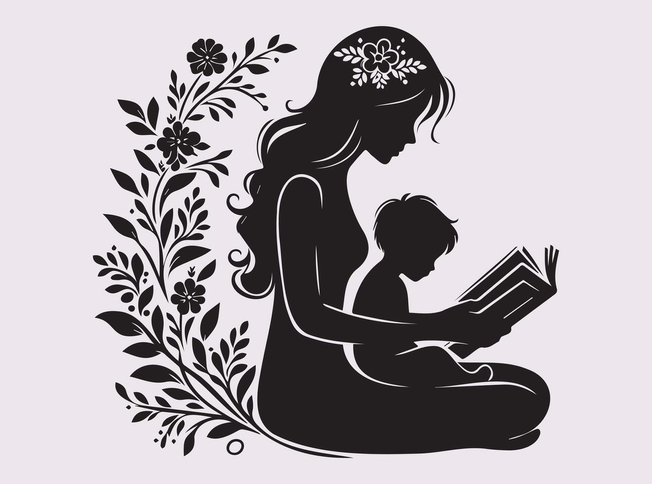 Happy Mother's day, Silhouette Scene of a Mother and Daughter Sharing a Book Surrounded by Flowers vector