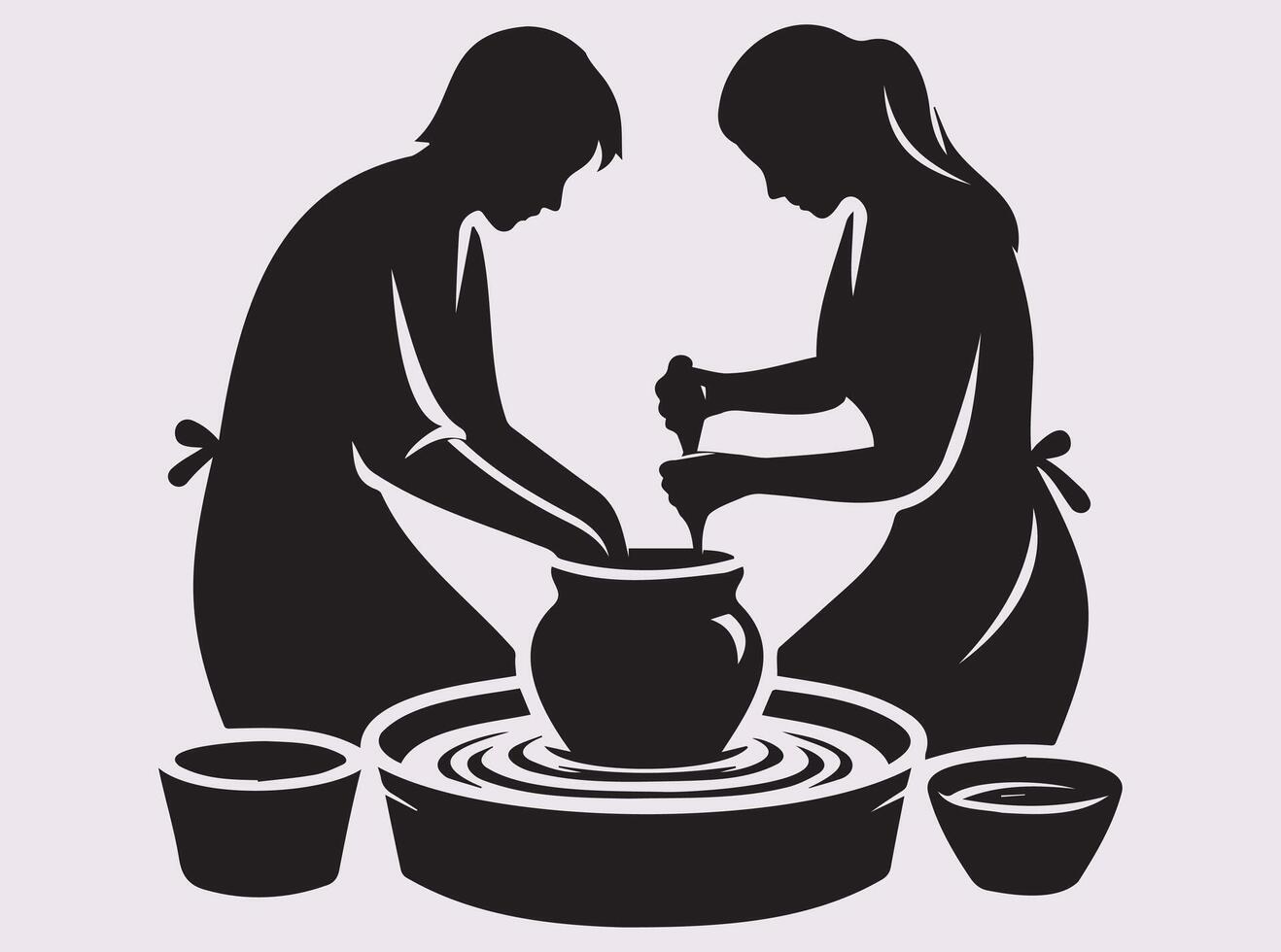 Artistic Silhouette of a Man and Woman Shaping Clay on a Pottery Wheel vector