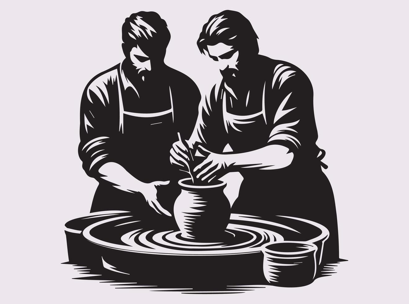 Black Silhouette of Two Potters Sculpting Clay on a Traditional Pottery Wheel vector