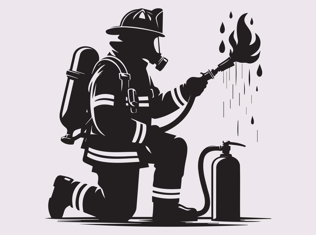 Firefighter Silhouette of a Fireman Operating a Water Hose to Extinguish Fire vector