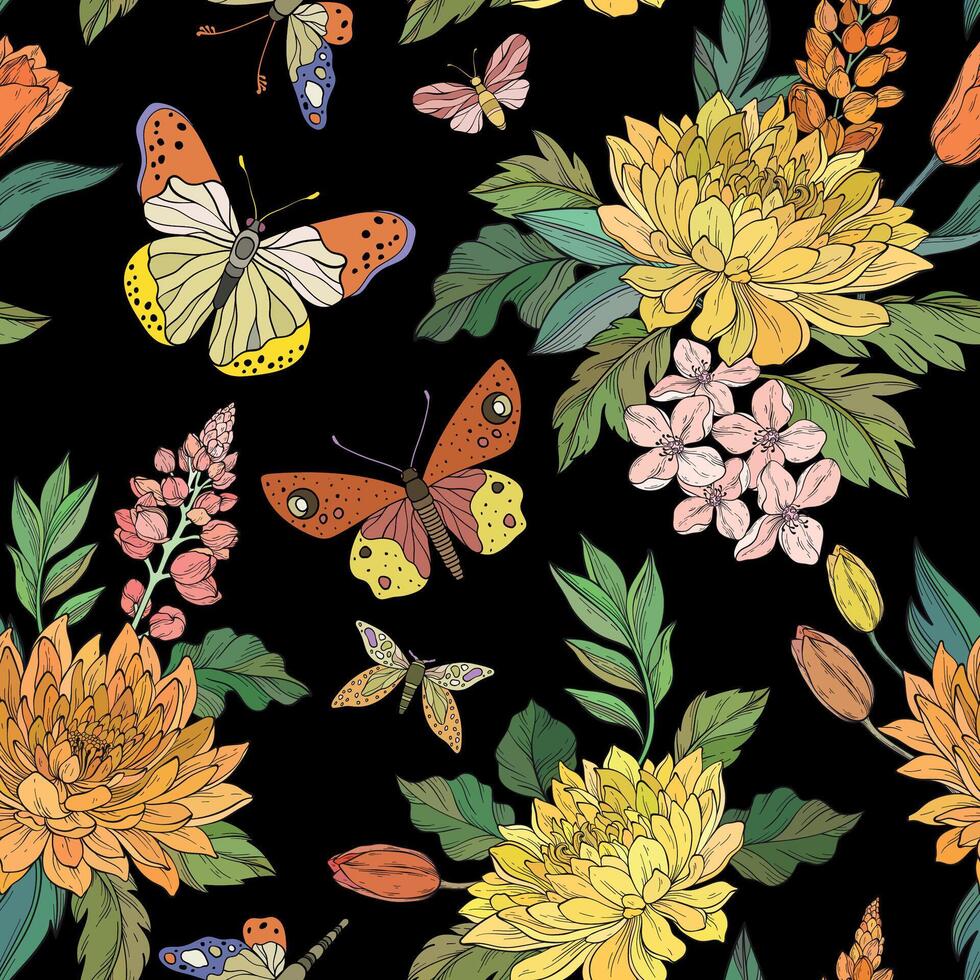 A seamless pattern featuring leaves, vibrant chrysanthemum flowers, and colorful butterflies on a black background vector