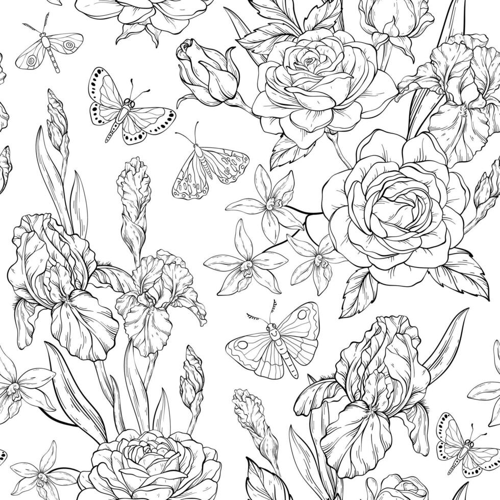 A seamless pattern featuring outline roses, irises, and orchids with lush leaves, beautifully arranged alongside delicate butterflies vector