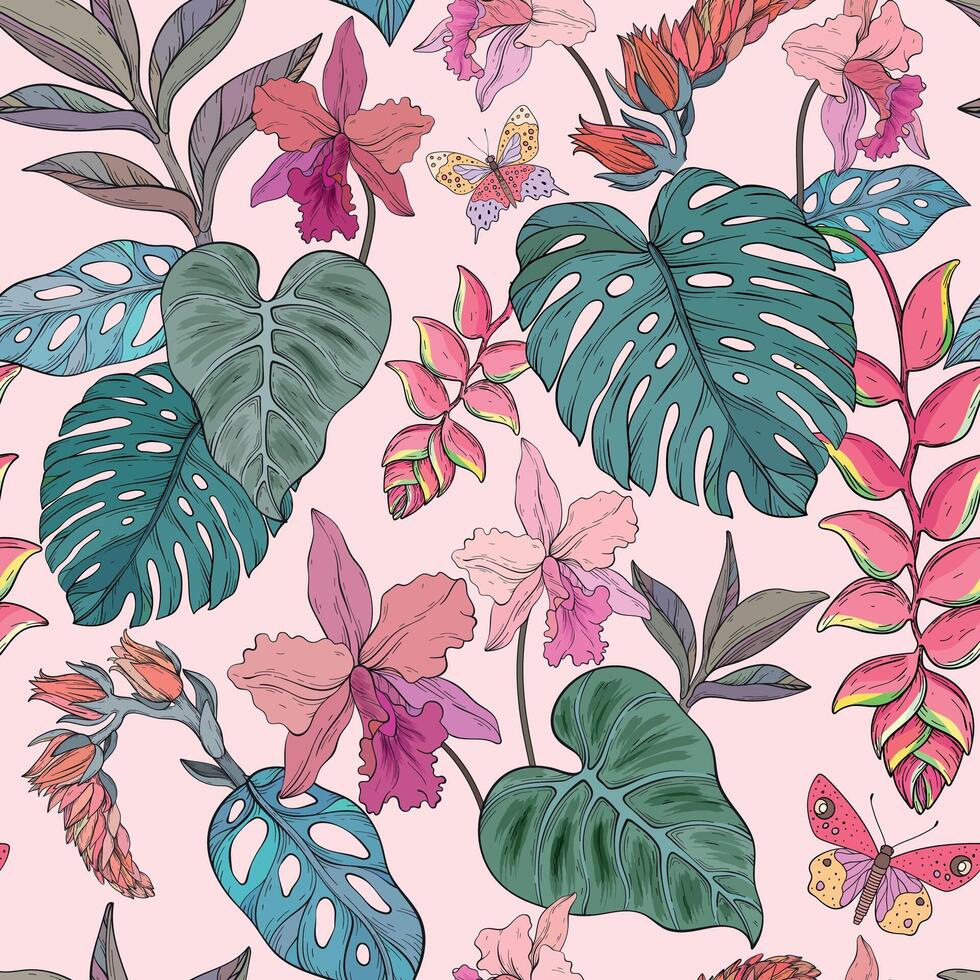 A seamless pattern featuring tropical leaves, vibrant flowers, and colorful butterflies on a soft pink background vector