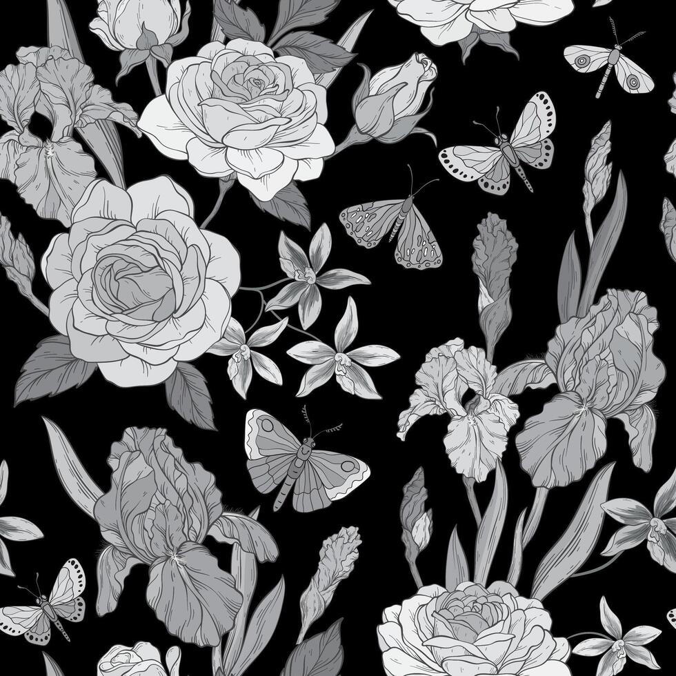 A seamless Monochrome pattern featuring elegant roses, irises, and orchids with lush leaves, beautifully arranged alongside delicate butterflies vector