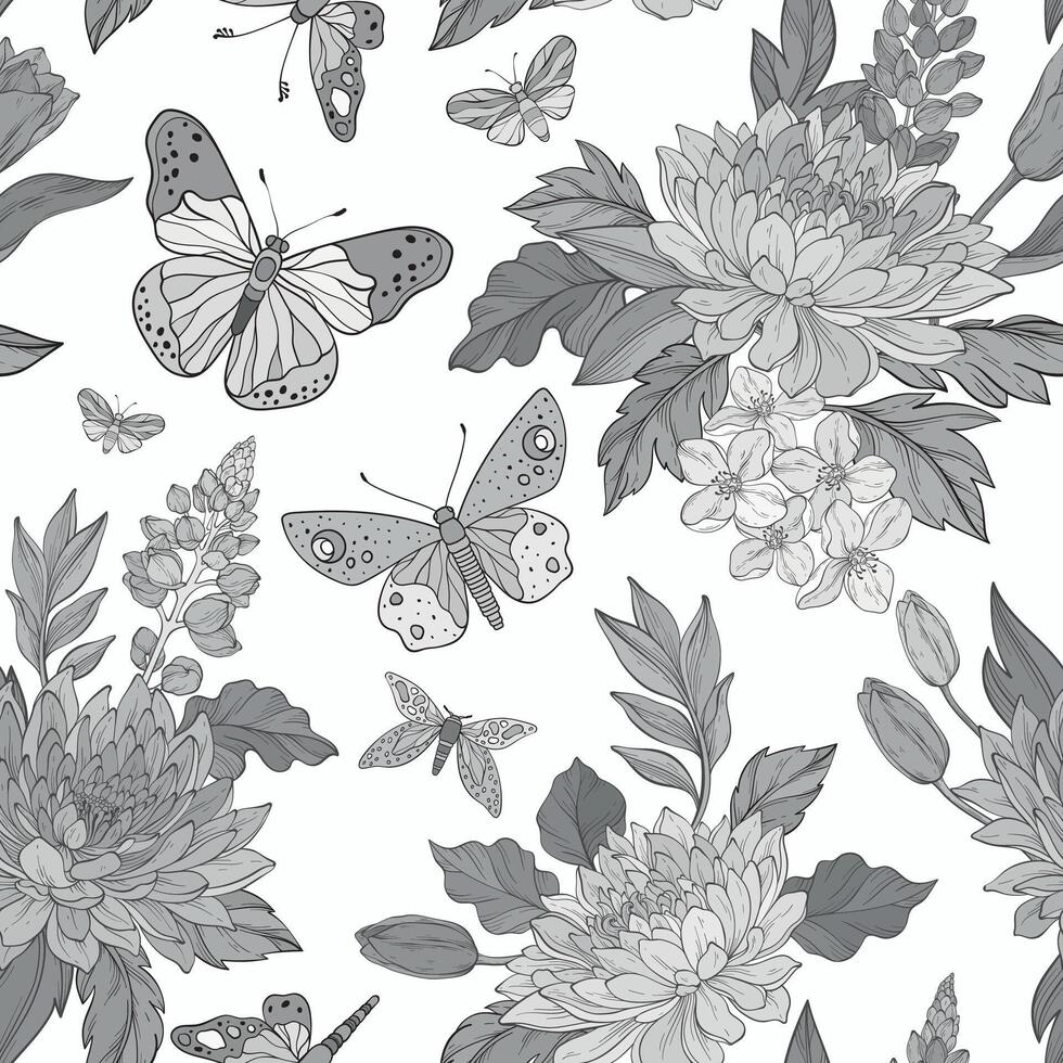 A seamless pattern featuring leaves, monochrome chrysanthemum flowers, and butterflies on a gray background vector