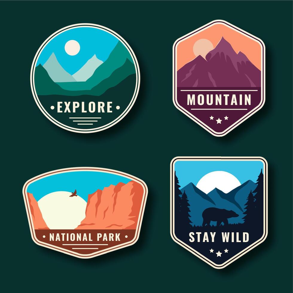 Set of four adventure badges with mountains, forest, bear, and canyon vector