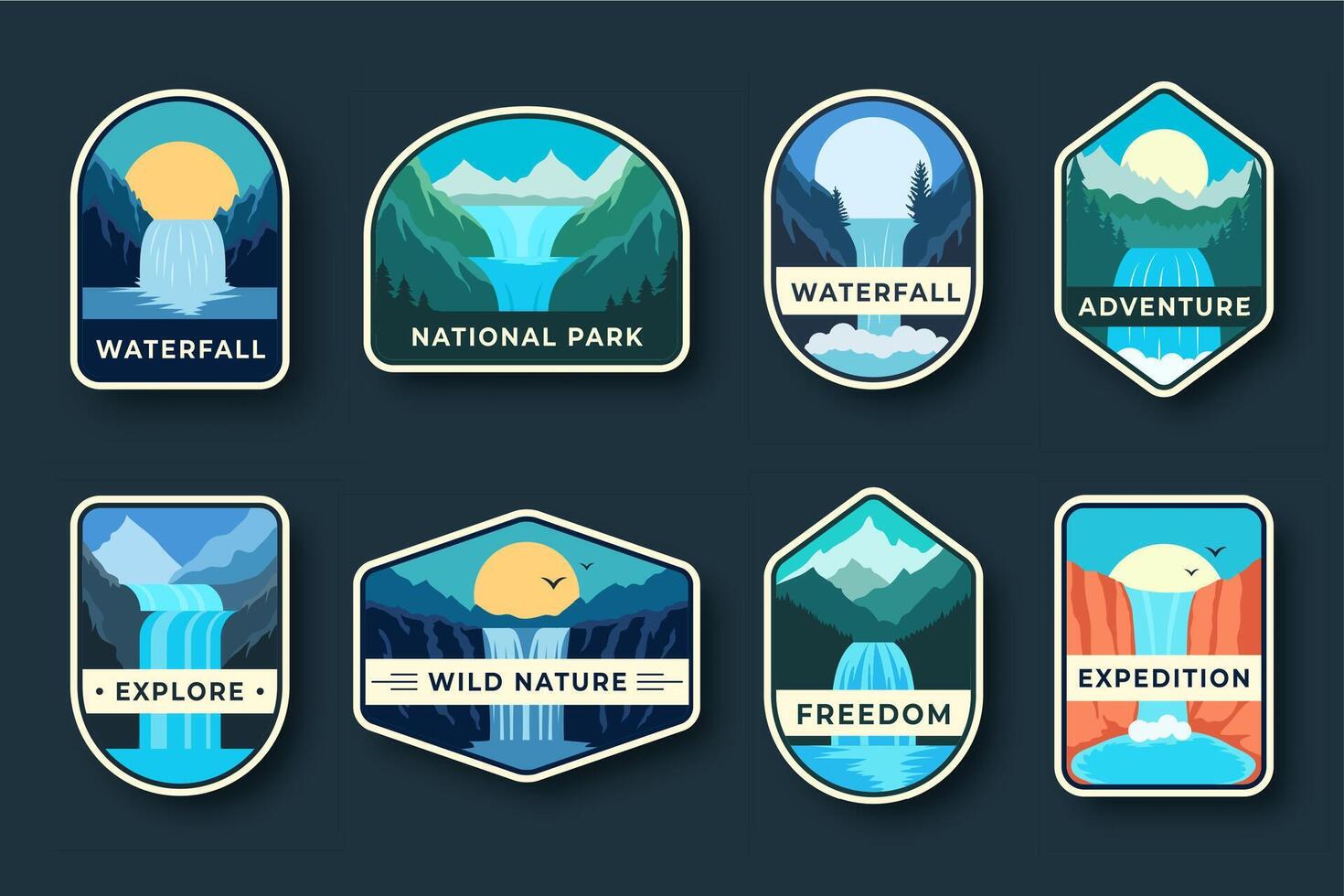 Nature badge pack with stylized waterfall landscape, forests, and sunsets vector