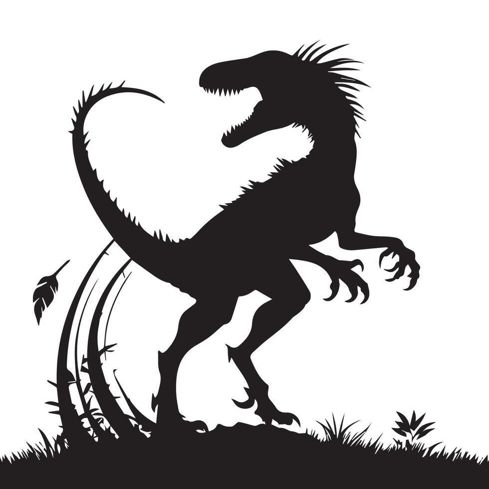 Silhouette of a Majestic Dinosaur Roaring in a Lush Landscape vector