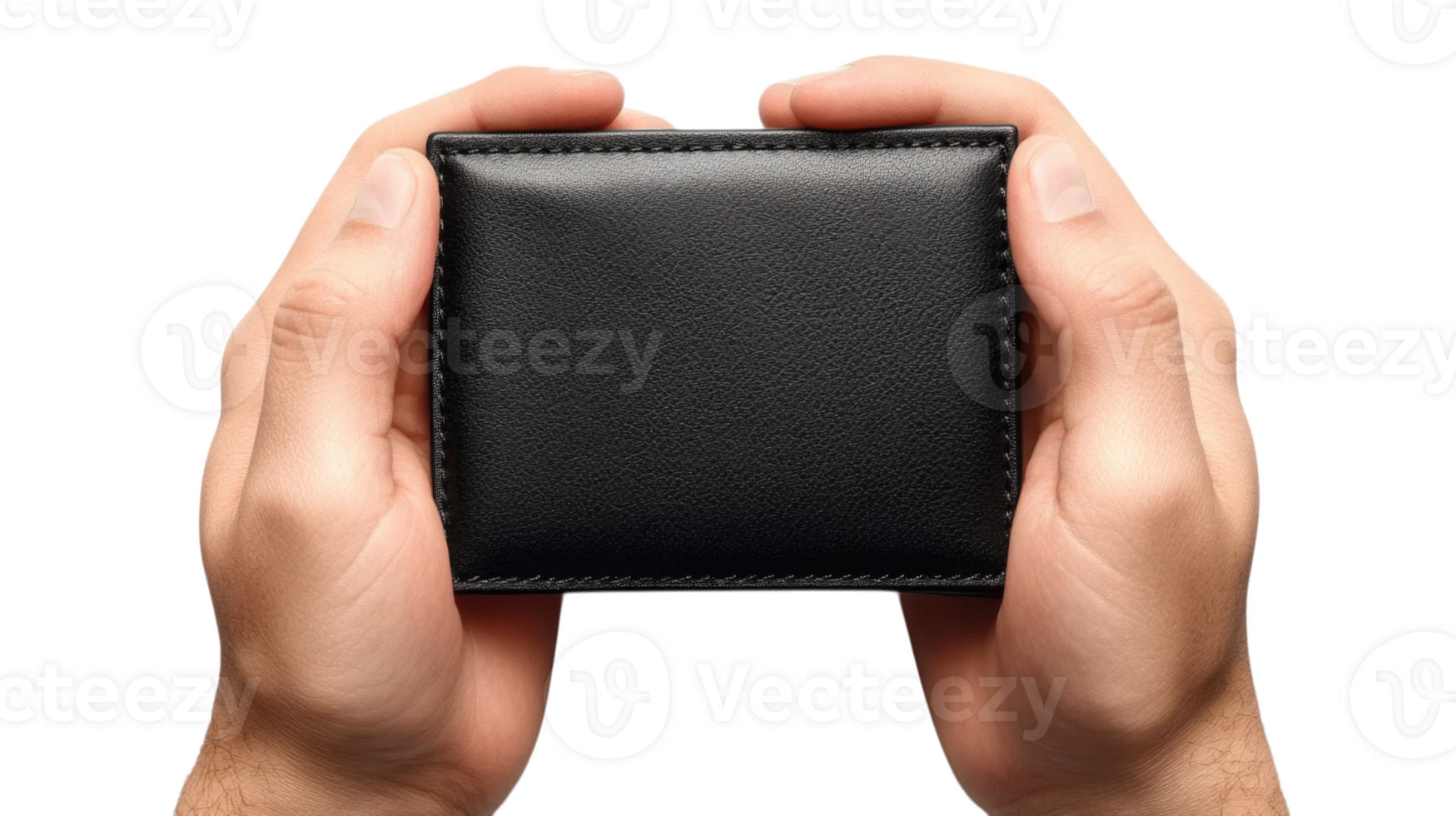 Hands holding a black leather wallet isolated on transparent background png