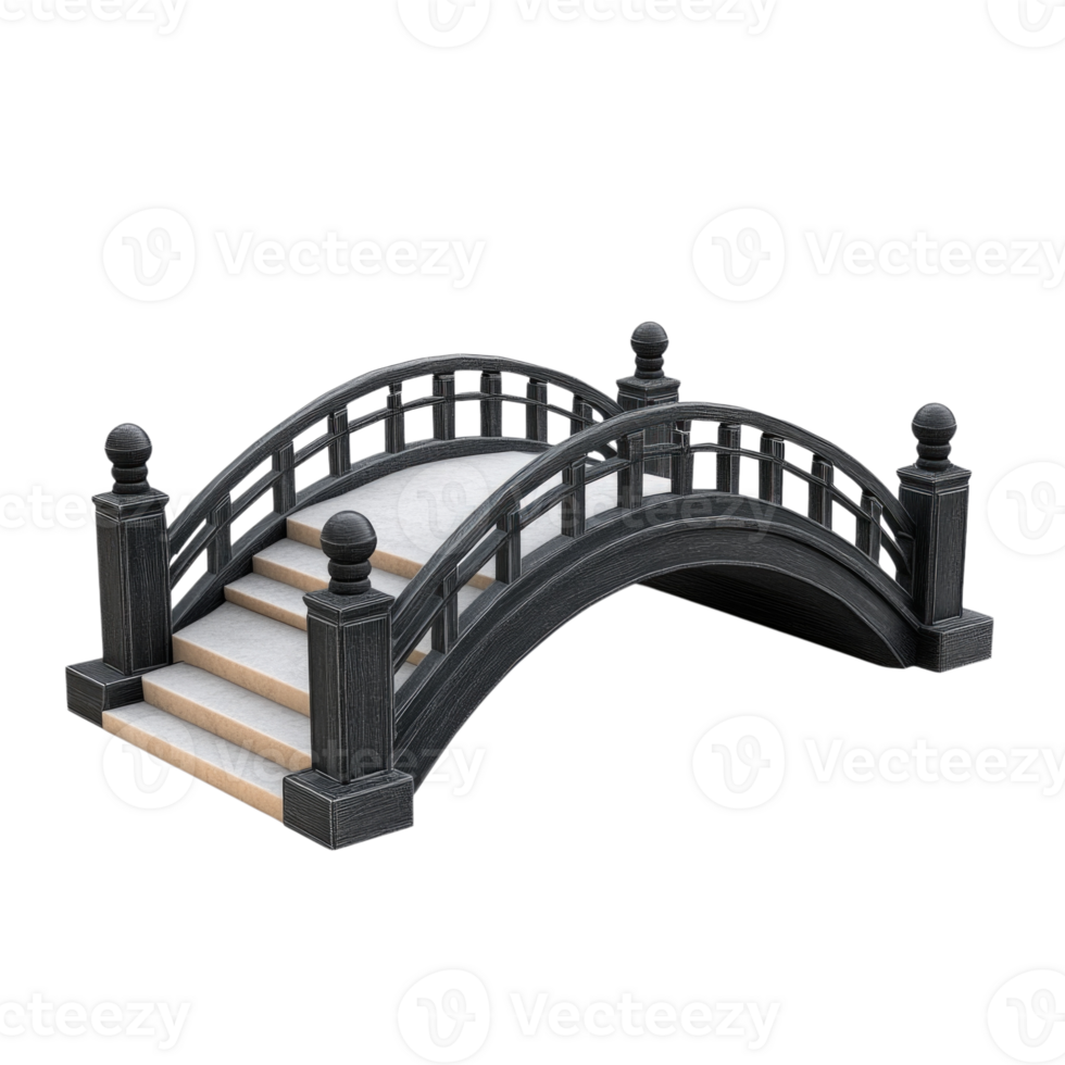 Wooden arch bridge with decorative railing isolated on transparent background png