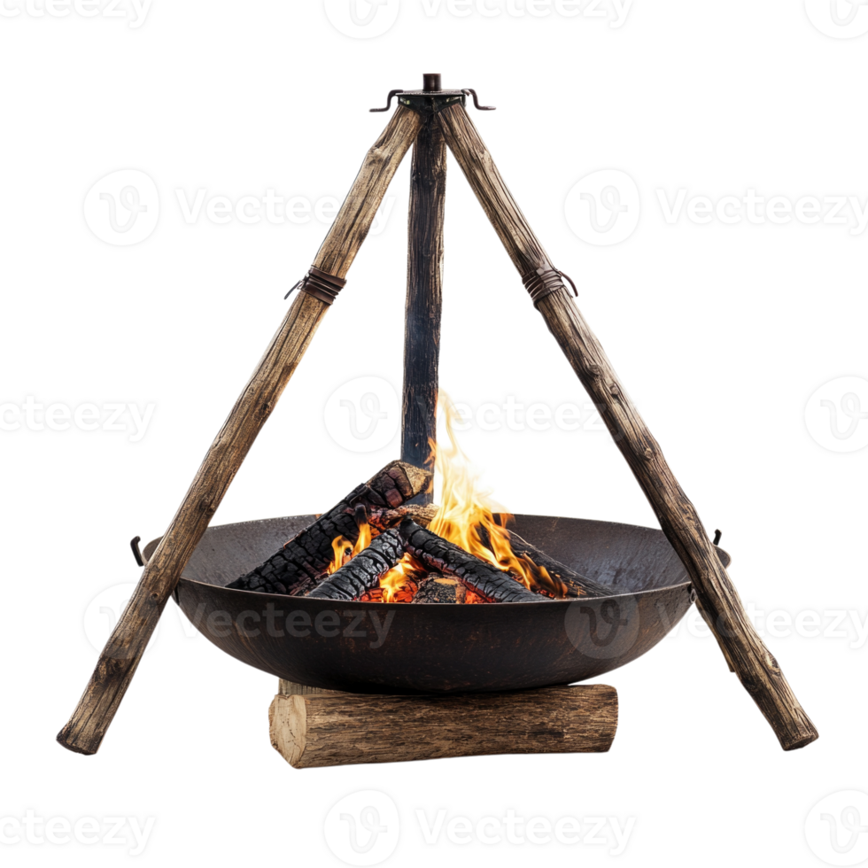 Campfire setup with a tripod burner and logs for warmth and cooking isolated on transparent background png
