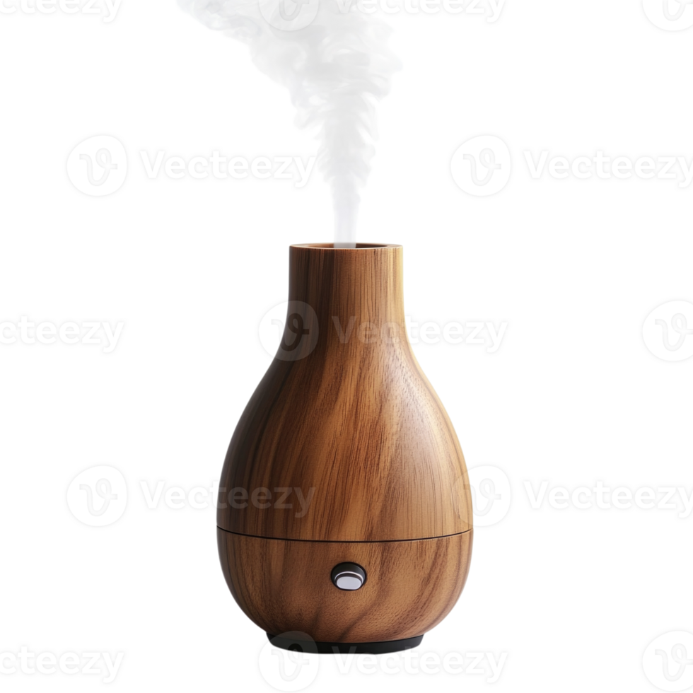 Elegant wooden essential oil diffuser emitting aromatic mist isolated on transparent background png