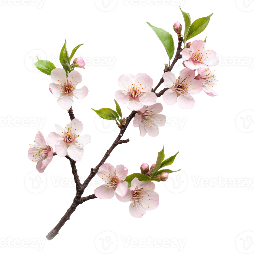 Cherry blossom branch with pink flowers and green leaves isolated on transparent background png