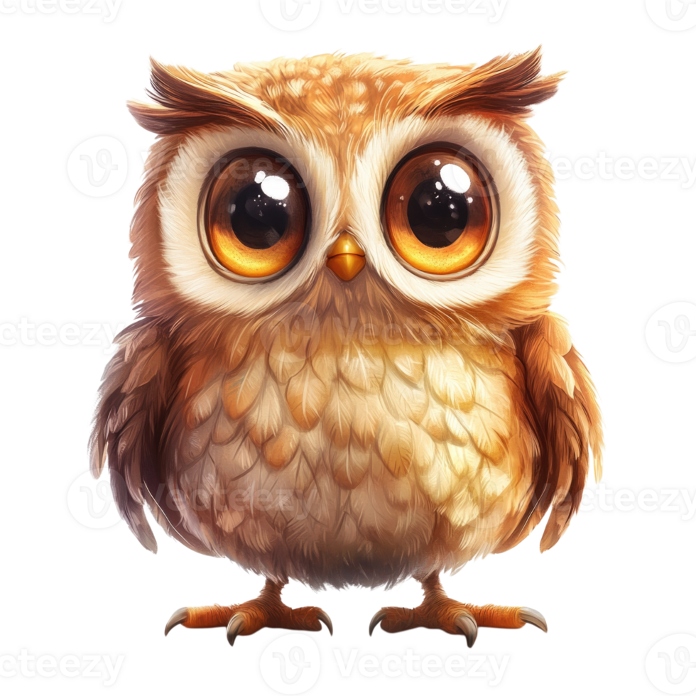 Cute cartoon owl with big eyes and fluffy feathers isolated on transparent background, png