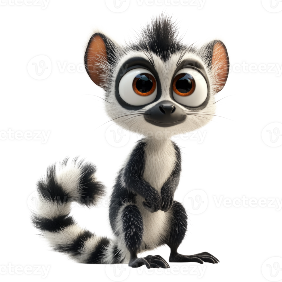 Lemur character standing upright with large eyes and bushy tail isolated on transparent background png