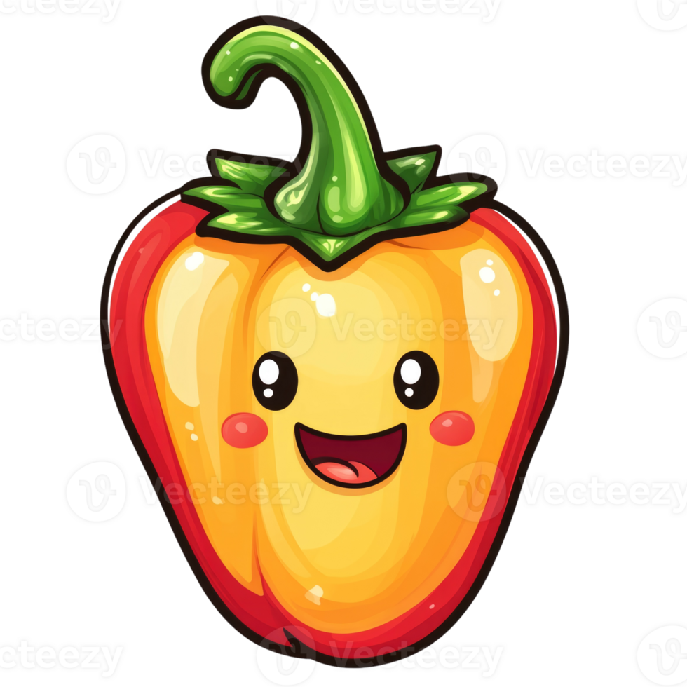 Happy cartoon bell pepper with a smiling face isolated on transparent background, png