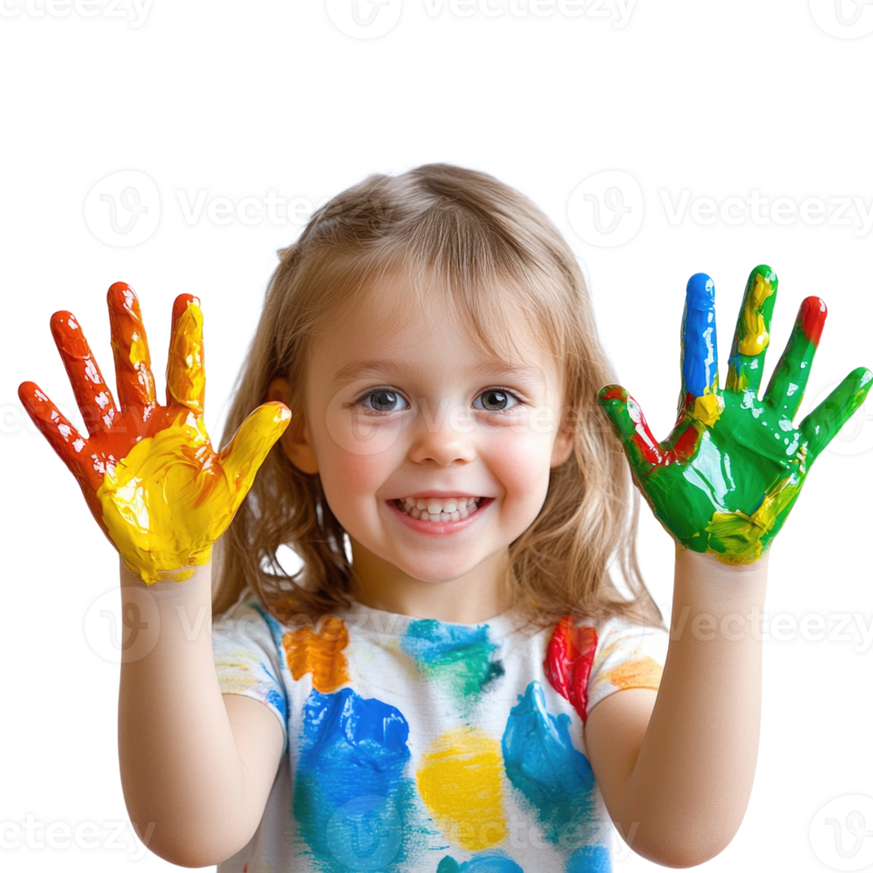 Happy child showing painted hands with bright colors isolated on transparent background png