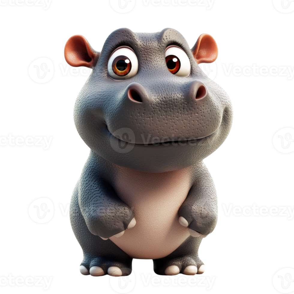 Happy cartoon hippo character with big eyes and friendly expression isolated on transparent background png
