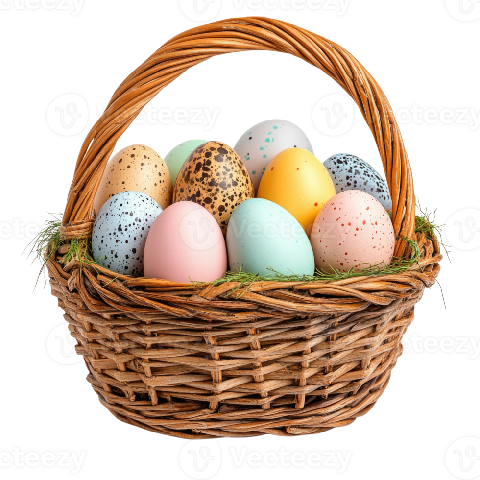 Colorful easter eggs in a woven basket with grass isolated on transparent background png