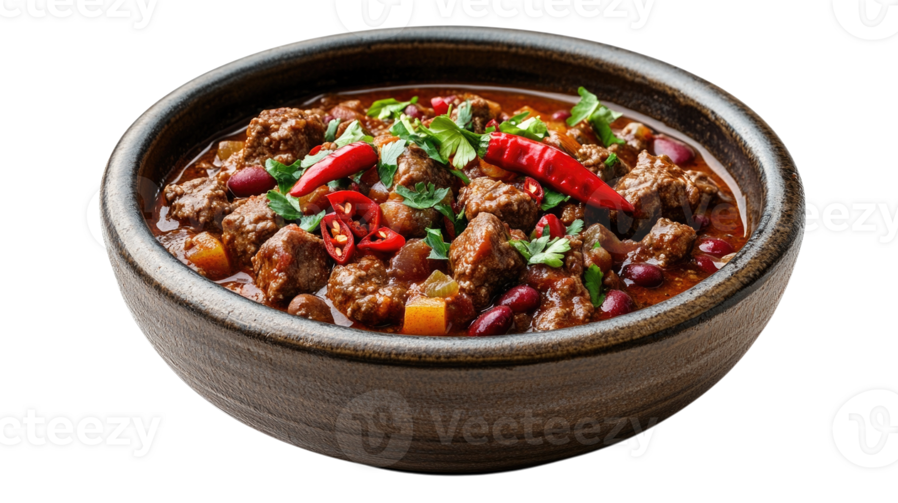 Hearty chili con carne served in a rustic bowl isolated on transparent background png