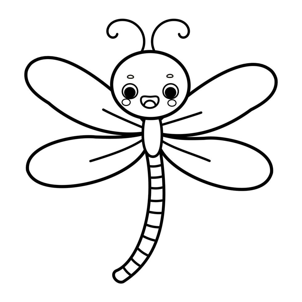 Cute cartoon smiling dragonfly illustration in black and white isolated on white background vector