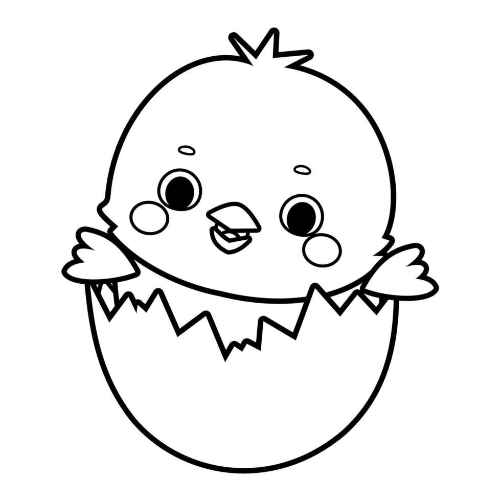 Cute cartoon chick coming out of an egg illustration in black and white isolated on white background vector