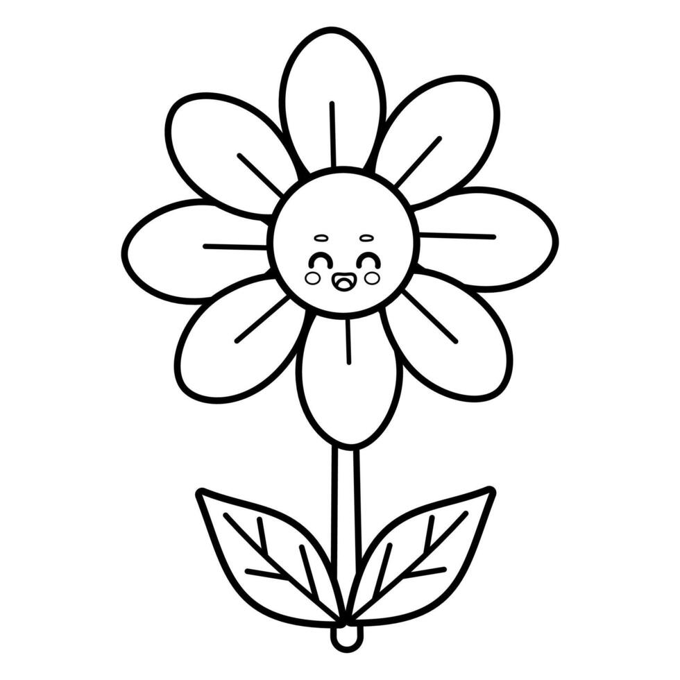 Cute cartoon smiling flower illustration in black and white isolated on white background vector