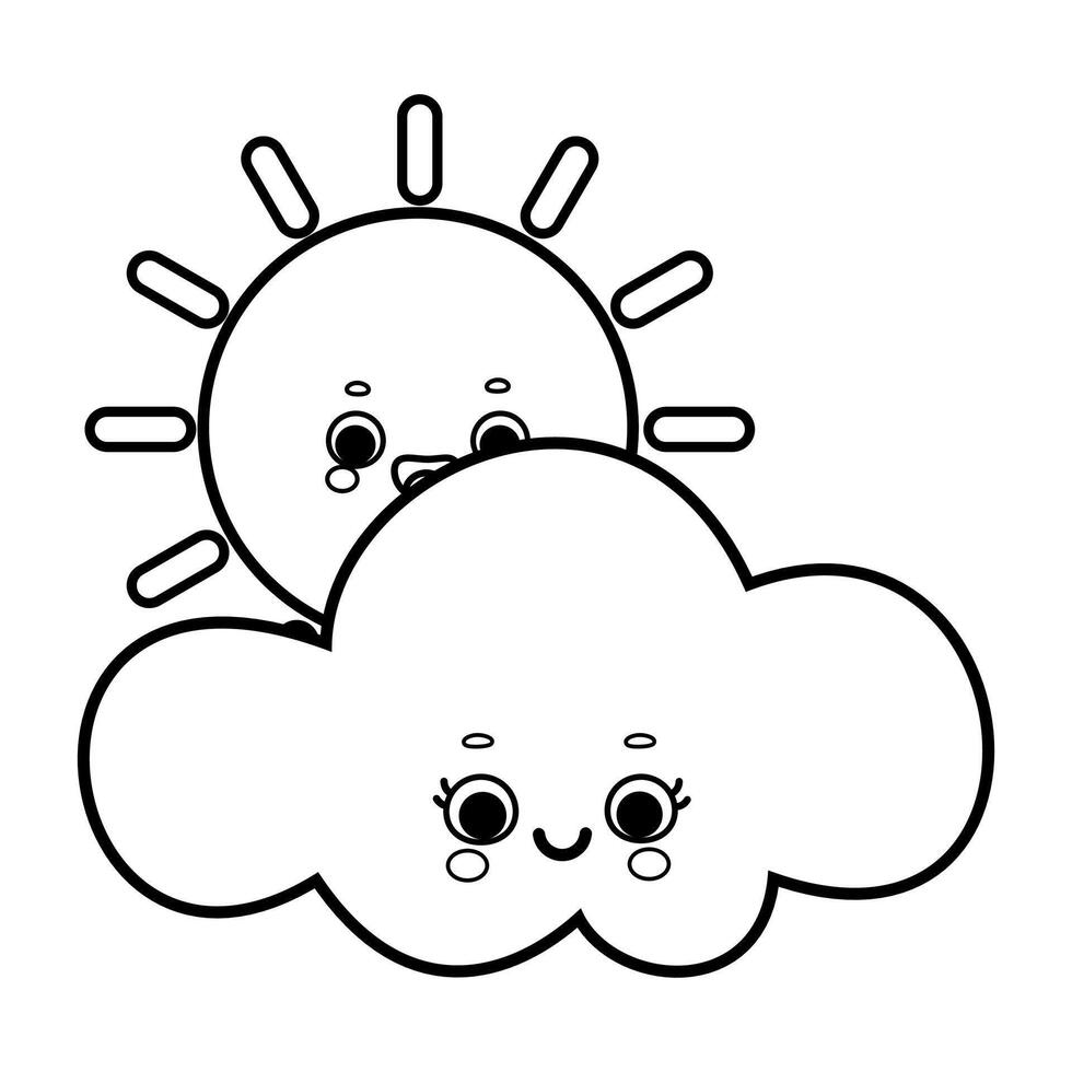 Cute cartoon sun and cloud illustration in black and white isolated on white background vector
