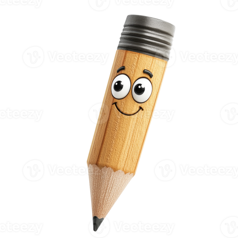 Happy cartoon pencil character isolated on transparent background, png
