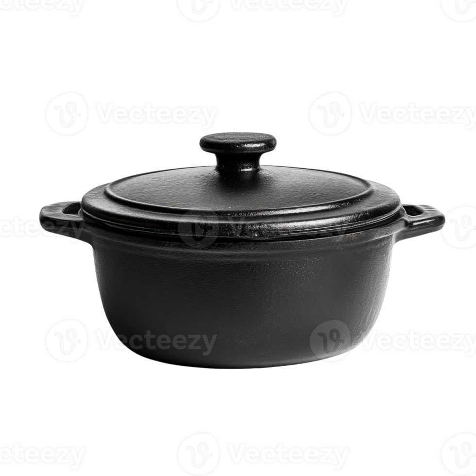Black cast iron cooking pot with lid isolated on transparent background, png