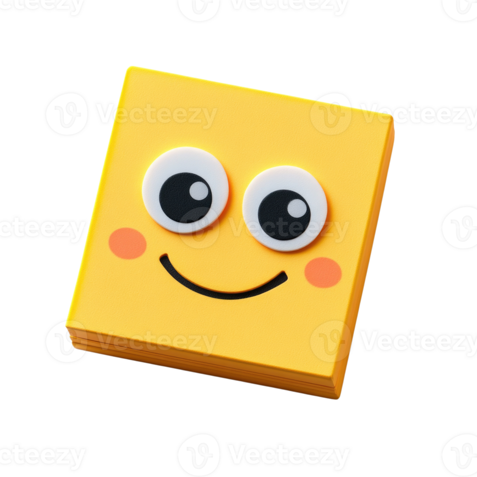 Yellow smiling square block with big eyes and rosy cheeks isolated on transparent background, png