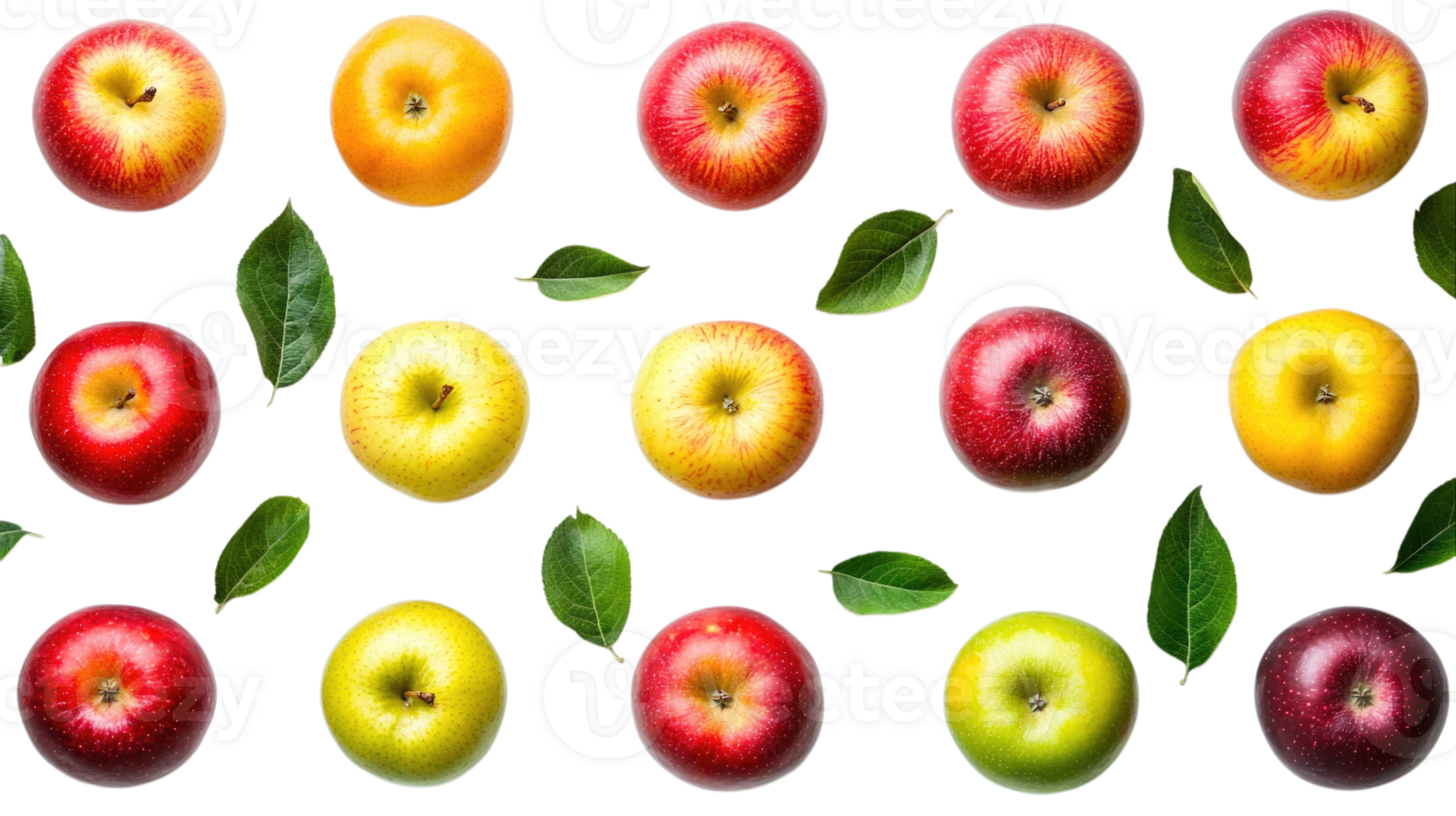 Colorful apples and fresh leaves arranged on a transparent background png