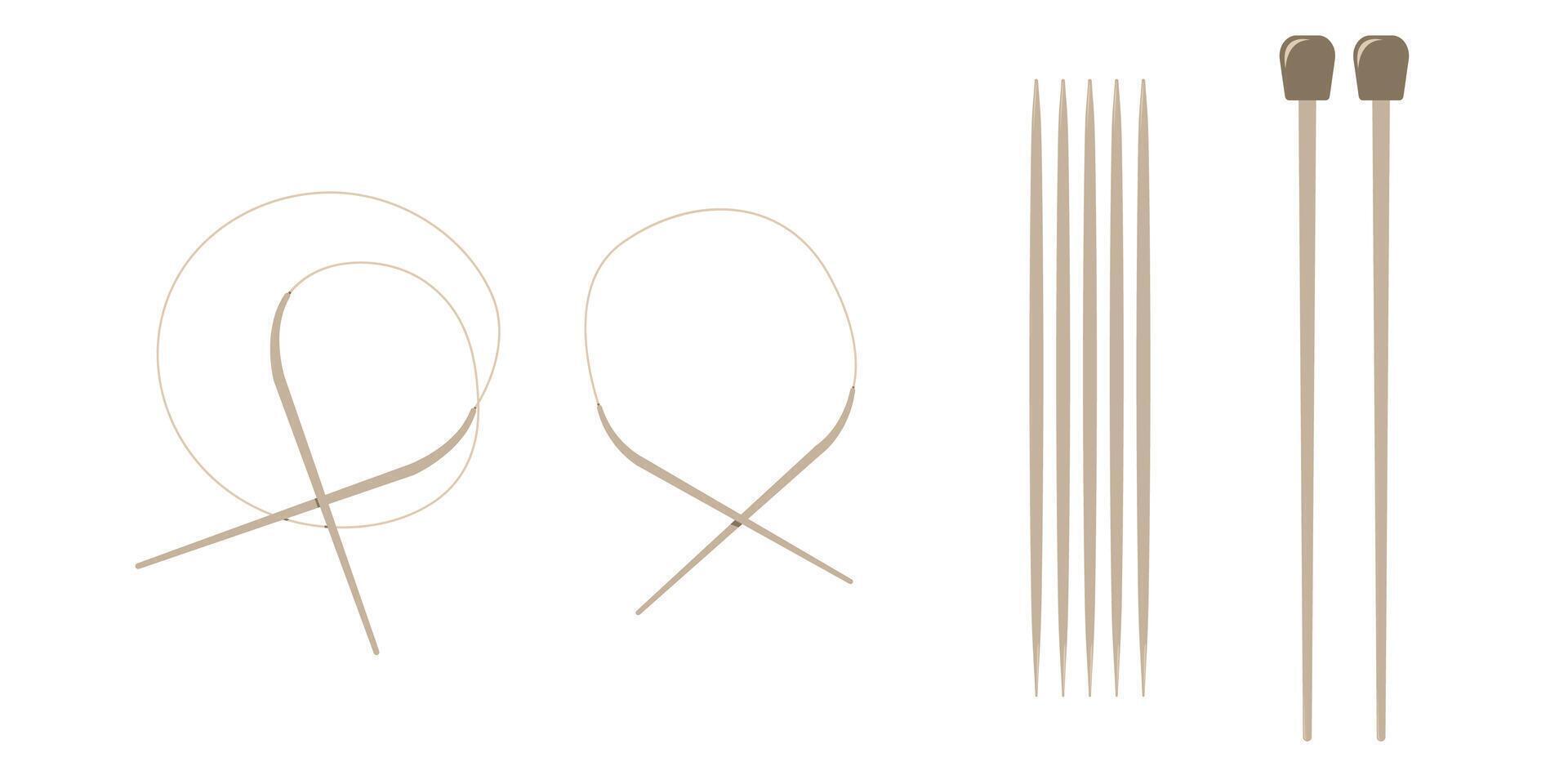 Set of different knitting needles. Circular, stocking, straight. illustration vector